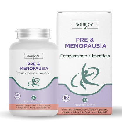 Suplemento nutricional Pre & Menopausia Nourjoy. formulado con ingredientes naturales como trébol rojo, salvia y cimicífuga para apoyar el equilibrio hormonal y el bienestar femenino.