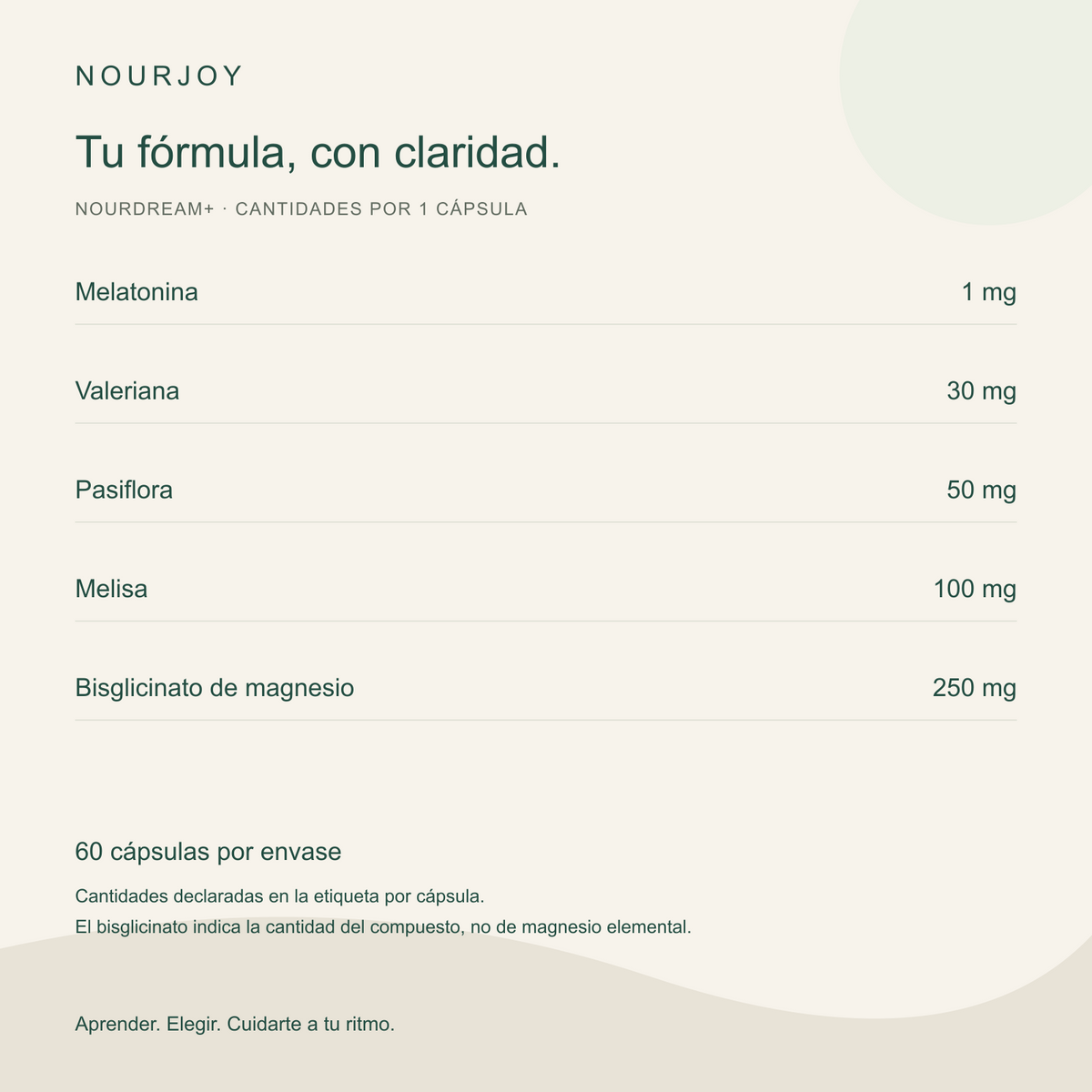 NourDream+: composición por cápsula, con 1 mg de melatonina.