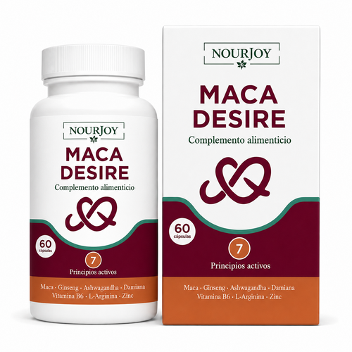 Bote y caja de Maca Desire de Nourjoy, complemento alimenticio de 60 cápsulas.
