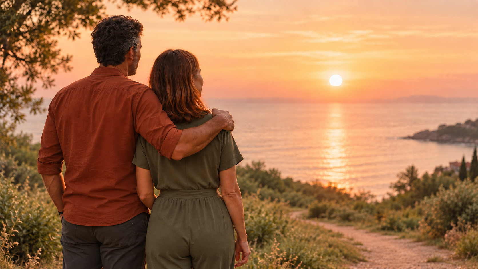 Pareja abrazada contemplando el atardecer frente al mar, imagen de portada de Nourjoy
